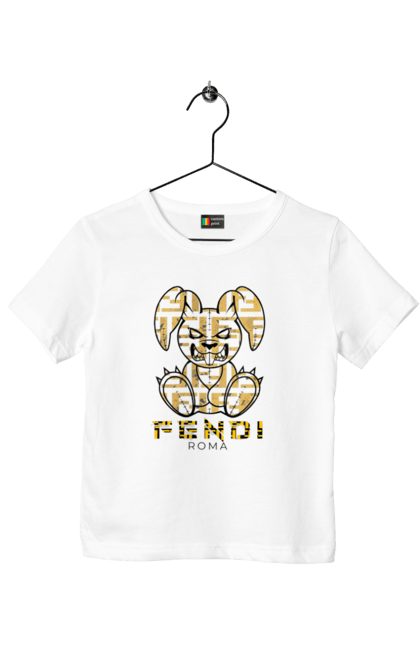 Футболка дитяча з принтом "Fendi". Fendi, бренд, будинок моди, заєць, італія, люкс, мода, одяг, сумка, фенді. 2070702