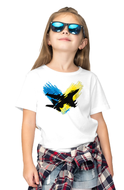 Футболка дитяча з принтом "Літак F 16". З прапором, зсу, літак, літак f16, патріотична, прапор, ф16. 2070702