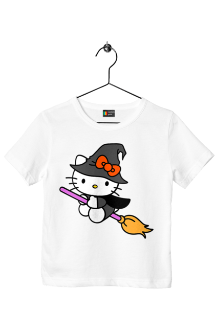 Children's t-shirt with prints Hello Kitty Halloween. Brand, cat, character, halloween, hello kitty, kitten, kitty, witch. 2070702