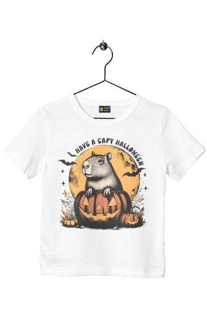 Футболка детская с принтом Капибара Хэллоуин. Capybara, halloween, водосвинка, грызун, животное, капибара, луна, праздник, тыква, хэллоуин. 2070702