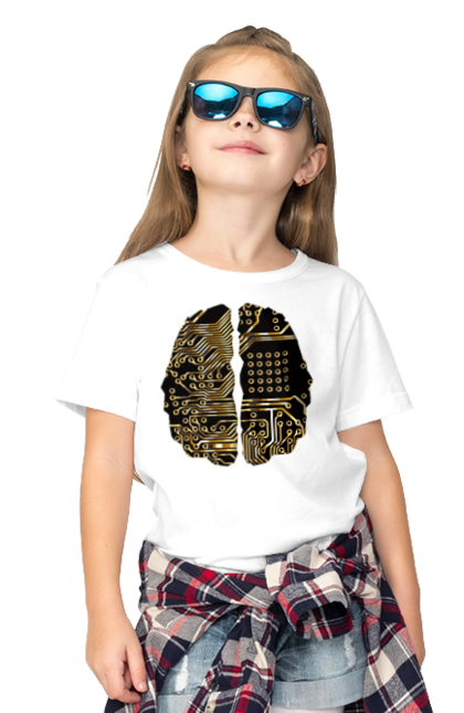 Футболка дитяча з принтом "Мозок Айті". Айті, айтішник, гик, знання, золотий, золото, інженер, кібер, кібернетика, кіборг, код, комп, кристал, мікросхема, мозок, програміст, професіонал, професія, розробник, розум, чіп. 2070702