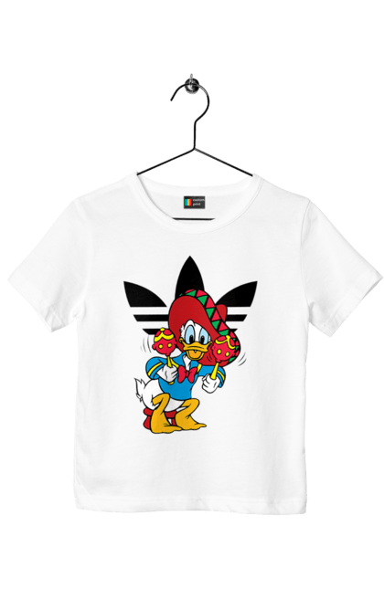 Футболка детская с принтом Adidas Дональд Дак. Adidas, daisy duck, donald duck, адидас, дейзи дак, дональд дак, мультсериал, мультфильм. 2070702