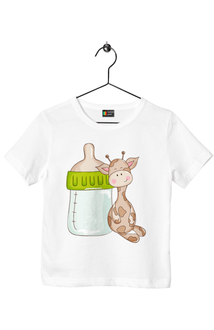 Children's t-shirt with prints Giraffe with a bottle. Baby, baby bottle, giraffe. CustomPrint.market