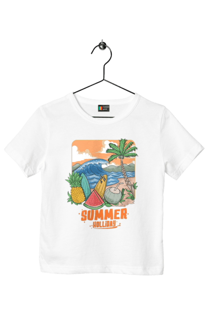 Футболка дитяча з принтом "Літні Свята". Ананас, літо, море, пальма, хвилі. 2070702