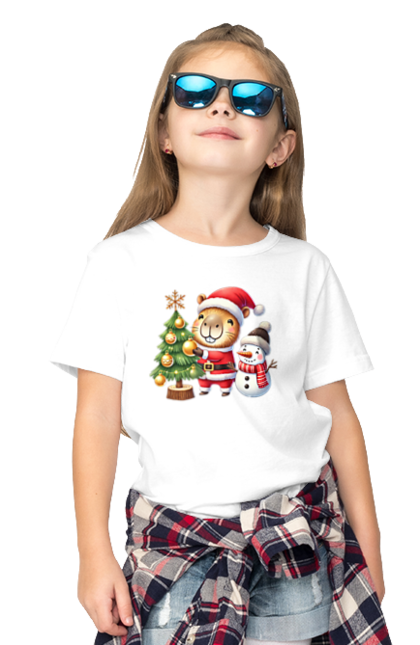 Children's t-shirt with prints Christmas Capybara with a Tree. Animal, capybara, christmas, christmas capybara, christmas tree, gift, holiday, new year, new year`s gift, santa. 2070702