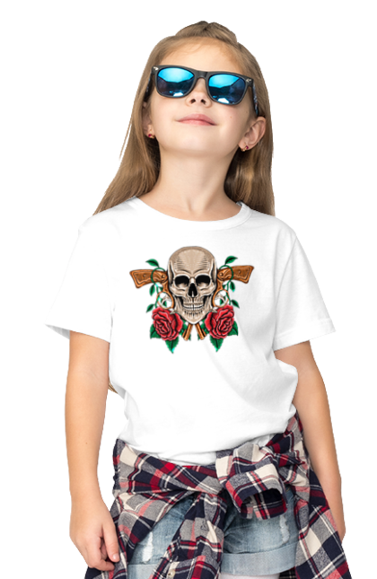 Children's t-shirt with prints Skull with roses. Bones, eyes, flowers, gun, leaves, rose flower, scull, spikes, teeth. 2070702