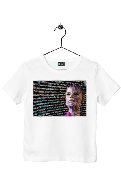 Футболка дитяча з принтом "Штучний Розум". Айті, айтішник, гик, жінка, знання, інженер, інтелект, кібер, кібернетика, кіборг, код, комп, комп`ютерник, кристал, машинне навчання, мікросхема, мозок, портрет, програміст, професіонал, професія, розробник, розум, світиться, світло, хакер, чіп, штучний інтелект, штучний розум. 2070702