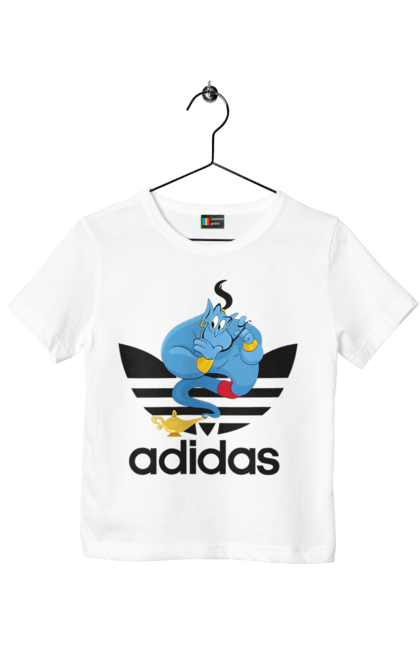 Футболка детская с принтом Adidas Джинни. Adidas, aladdin, genie, адидас, аладдин, джинни, мультфильм, персонаж. 2070702