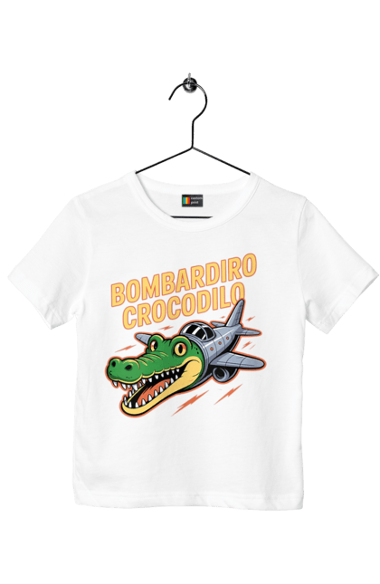 Футболка дитяча з принтом "Bombardino Crocodilo". Bombardino, bombardino crocodilo, crocodilo, бомбардиро крокодило, бомбардіно крокоділо, крокодил, крокодил літак, крокодил мем, мем бомбардине крокодило, меми. 2070702