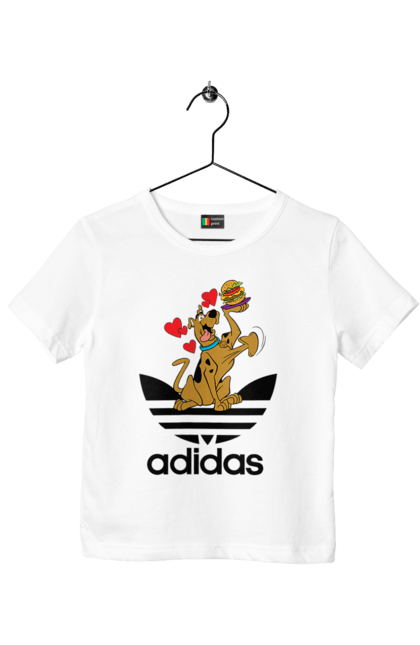 Футболка детская с принтом Adidas Скуби Ду. Adidas, scooby-doo, адидас, мультсериал, сериал, скуби-ду, собака. 2070702