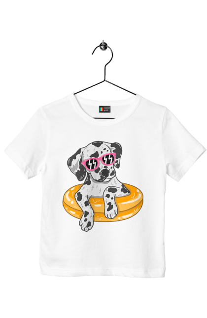 Children's t-shirt with prints Dalmatian Swims In A Circle. Dalmatian, dog, glasses, to swim. 2070702