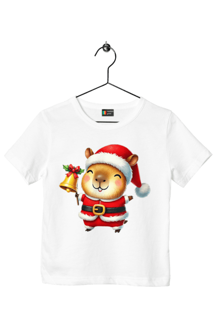 Children's t-shirt with prints Funny capybara with a bell. Animal, bell, capybara, christmas, christmas capybara, gift, holiday, new year, new year`s gift, santa. 2070702