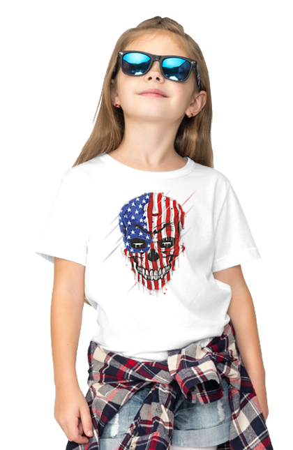 Children's t-shirt with prints Skull with flag. Bones, eagle, flag, scull, smile, teeth, usa. 2070702