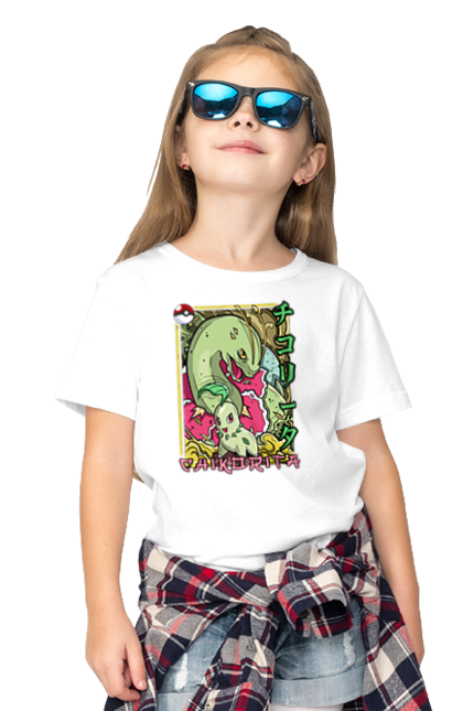 Children's t-shirt with prints Pokemon Chikorita. Anime, chikorita, games, nintendo, pokemon, pokemon go. 2070702