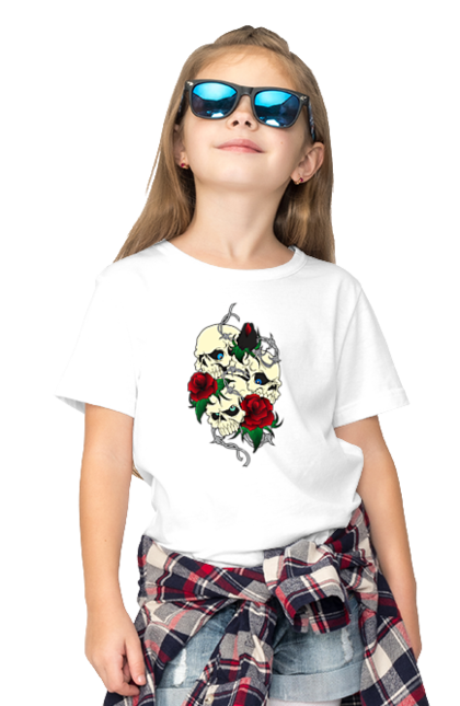 Children's t-shirt with prints Skulls with roses. Bones, eyes, flowers, leaves, rose flower, roses, scull, spikes, teeth. 2070702