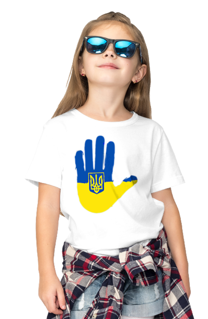 Футболка дитяча з принтом "Долоня українця". Війна, герб україни, долоня українця, патріот, прапор, рука, україна, українець. PrintMarket - інтернет-магазин одягу та аксесуарів з принтами плюс конструктор принтів - створи свій унікальний дизайн