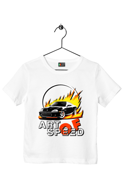 Футболка дитяча з принтом "Автомобіль у вогні". Авто, автомобіль у вогні, гонка, дрейф, спорт, спортивна машина, швидкість. 2070702