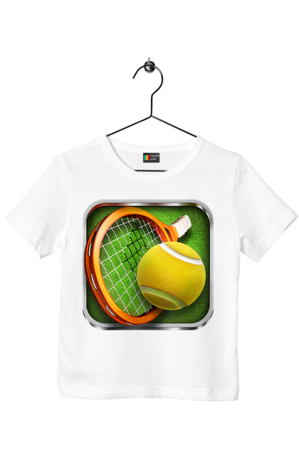 Футболка дитяча з принтом "Теніс". Великий теніс, гравці, лондон, м`яч, призовий фонд, ракетка, спонсор, турнір на ґрунті, турнір на траві, турнірна сітка. 2070702