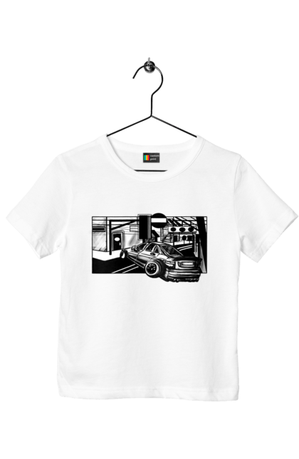 Футболка дитяча з принтом "Небезпечний Автомобіль на дорогах вулиць". Автомобіль, гонки, машина, небезпечний, чорно білий, швидкий. 2070702