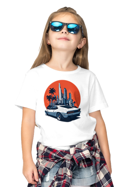 Футболка дитяча з принтом "Авто". Гонка, захід сонця, спортивний автомобіль, швидкість. 2070702