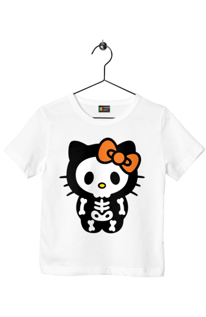 Футболка детская с принтом Хелло Китти Хэллоуин. Halloween, hello kitty, zombie, бренд, зомби, котенок, персонаж, скелет, хелло китти, хэллоуин. 2070702