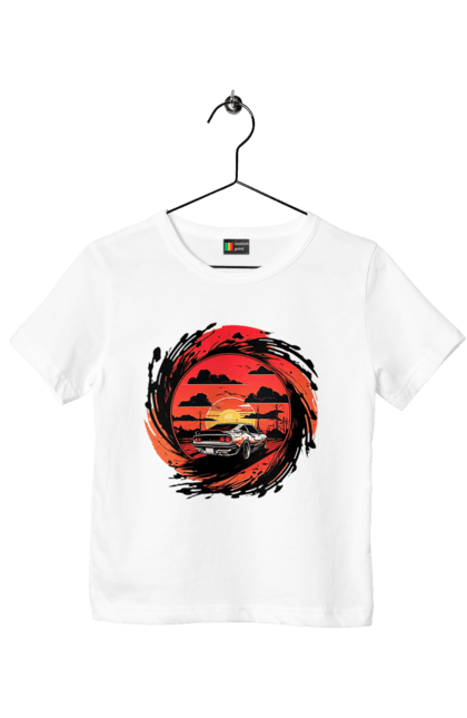Футболка дитяча з принтом "Феррарі на заході сонця". Авто, автомобіль, машини, феррарі. 2070702