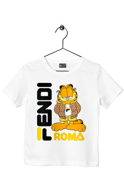 Футболка детская с принтом Fendi Гарфилд. Fendi, garfield, бренд, гарфилд, дом моды, италия, люкс, мода, сумка, фенди. 2070702