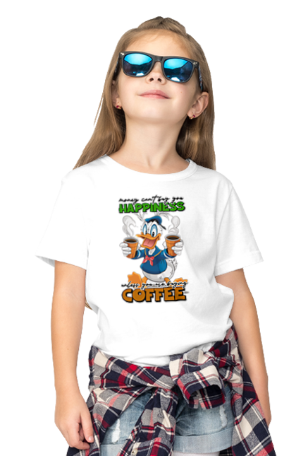 Children's t-shirt with prints Donald Duck Coffee. Animated series, cartoon, coffee, cup, disney, donald duck. 2070702