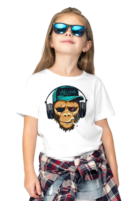Футболка дитяча з принтом "Шимпанзе в навушниках". Дискотека, музика, навушники, шимпанзе. CustomPrint.market