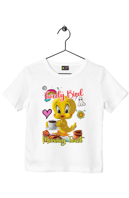 Футболка детская с принтом Твити Бёрд. Looney tunes, tweety, tweety bird, tweety pie, warner bros, бёрд, птица, твити, твити бёрд. 2070702