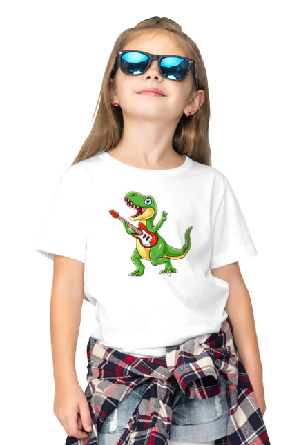 Футболка дитяча з принтом "Динозавр грає на гітарі". Вокал, динозавр, діно, музика, танці, тиранозавр. CustomPrint.market