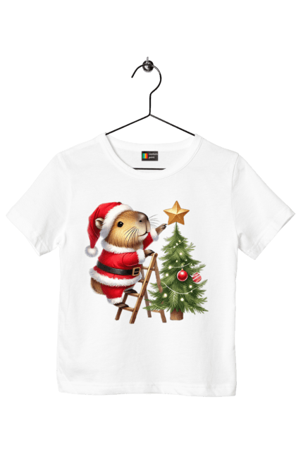 Children's t-shirt with prints Christmas Capybara with a Tree. Animal, capybara, christmas, christmas capybara, christmas tree, gift, holiday, new year, new year`s gift, santa. 2070702