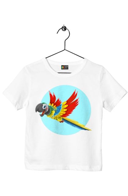 Футболка дитяча з принтом "Папуга". Барвистий папуга, какаду, кольоровий папуга, папуга, що летить. 2070702