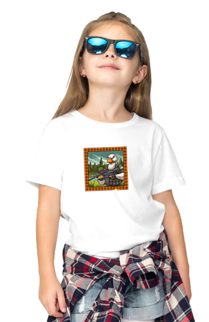 Children's t-shirt with prints Goose landing. Armed forces, biological weapons, fighting geese, flag, goose landing, military goose, symbolics, ukraine. 2070702