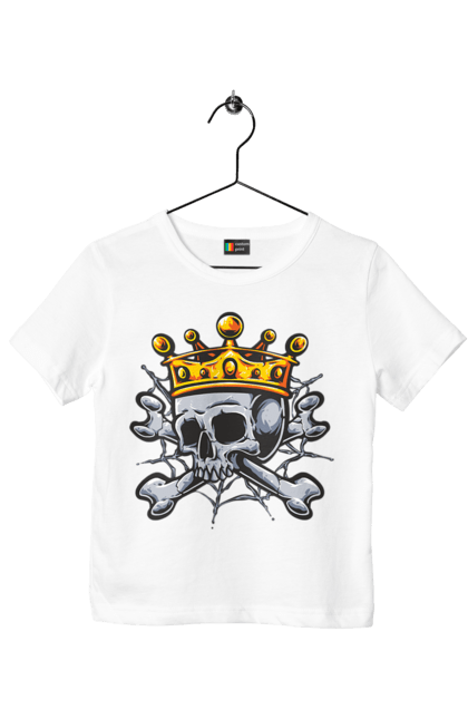 Children's t-shirt with prints Skull with crown. Bones, crown, king, scull, teeth, web. 2070702