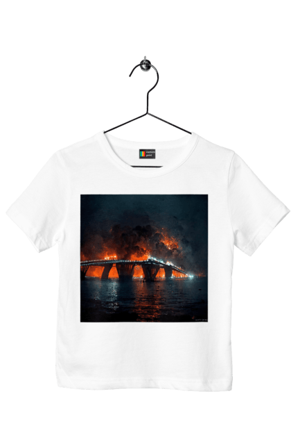 Футболка дитяча з принтом "Кримський мост горить". Армія росії, армія україни, годить, зсу, крим, мост, удар, удар зсу. 2070702