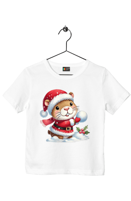 Children's t-shirt with prints Capybara playing snowballs. Animal, capybara, christmas, christmas capybara, game, gift, holiday, new year, santa, snowballs. 2070702