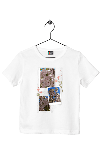 Children's t-shirt with prints Collage of spring flowers. Collage, feminine, flowers, gentle, original, photo, sakura, spring, tenderness. CustomPrint.market