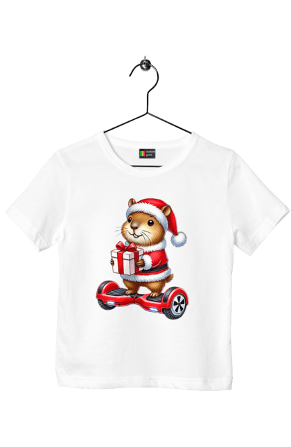 Children's t-shirt with prints Christmas Capybara with a Gift. Animal, capybara, christmas, christmas capybara, gift, holiday, new year, new year`s gift, santa. 2070702