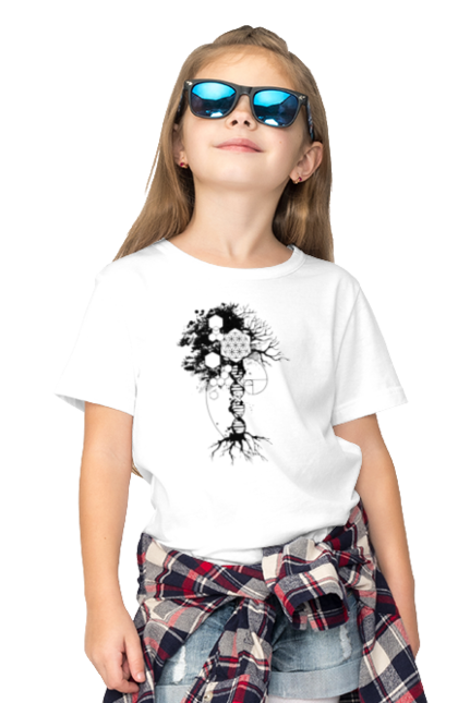 Футболка дитяча з принтом "Древо життя". Геном людини, дерево життя, золотий перетин, квітка життя, сакральна геометрія, таємниця світобудови, таємниця числа фібоначчі, число бога, число фібоначчі. 2070702