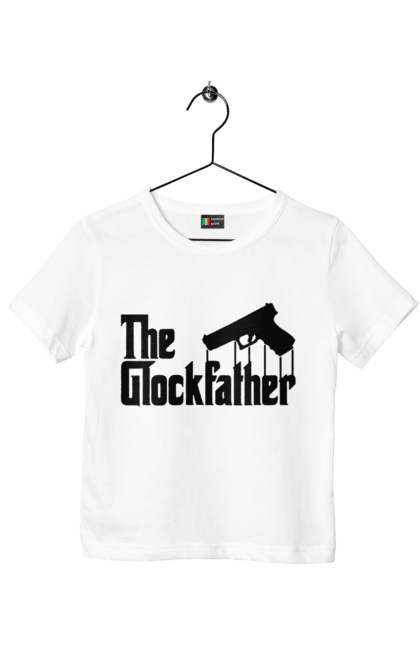 Футболка детская с принтом The GlockFather. Gangster, glockfather, godfather, godfather reference, гангстер, глок, огнестрельное оружие, оружие, пистолет. 2070702