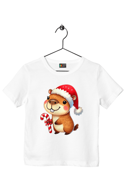 Children's t-shirt with prints Capybara with Christmas Candy. Animal, capybara, christmas, christmas capybara, gift, holiday, lollipop, new year, new year`s gift, santa. 2070702