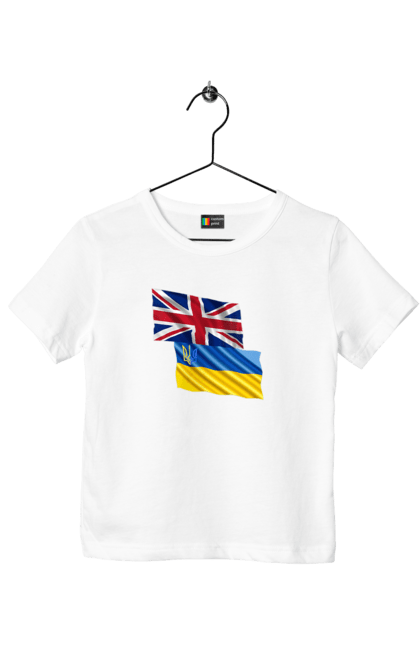 Children's t-shirt with prints Flag United Kingdom, Flag Ukraine, Support Ukraine. Flag united, flag united kingdom, global peace, great britain, kiev, national colors, national team, peace for ukraine, proud grandpa, support ukraine, ukraine, ukraine flag, ukraine war, united kingdom, war, zelensky. 2070702