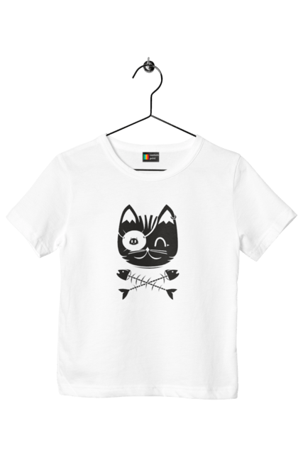 Футболка дитяча з принтом "Кіт пірат". Кістки, кіт, крутий малюнок, милі рисунки, пірати, риба, тварини, череп. 2070702