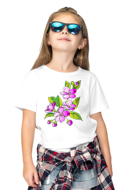 Футболка дитяча з принтом "Квітуче дерево навесні". Весна, вишня, гілка, дерево, квіти, квітка, листя, ніжність, рожевий, сакура, сезон, слива, цвітіння, яблуня. ART принт на футболках