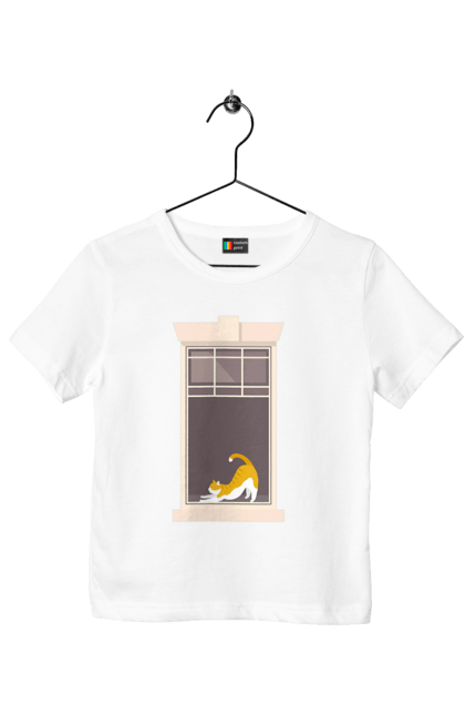 Футболка дитяча з принтом "Кіт В Вікні". Вікно, кіт, потягушки, рудий. 2070702