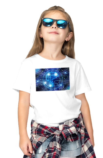 Футболка дитяча з принтом "Штучний інтелект". Айті, айтішник, гік, знання, інженер, інтелект, кібер, кібернетика, кіборг, код, комп, комп`ютерник, кристал, машинне навчання, мікросхема, мозок, портрет, програміст, професіонал, професія, розробник, розум, хакер, чіп, штучний інтелект, штучний розум. 2070702