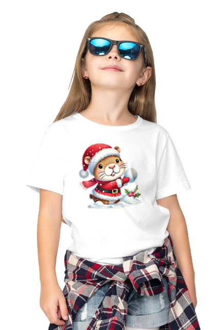 Children's t-shirt with prints Capybara playing snowballs. Animal, capybara, christmas, christmas capybara, game, gift, holiday, new year, santa, snowballs. 2070702