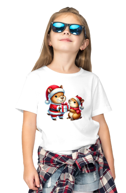 Children's t-shirt with prints Christmas Capybara with a Gift. Animal, capybara, christmas, christmas capybara, gift, holiday, new year, new year`s gift, santa. 2070702