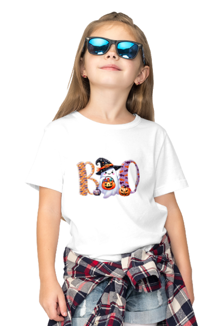 Children's t-shirt with prints Halloween Ghost. Costume, ghost, halloween, holiday, october, october 31, scary, sweets, trick or treat. 2070702